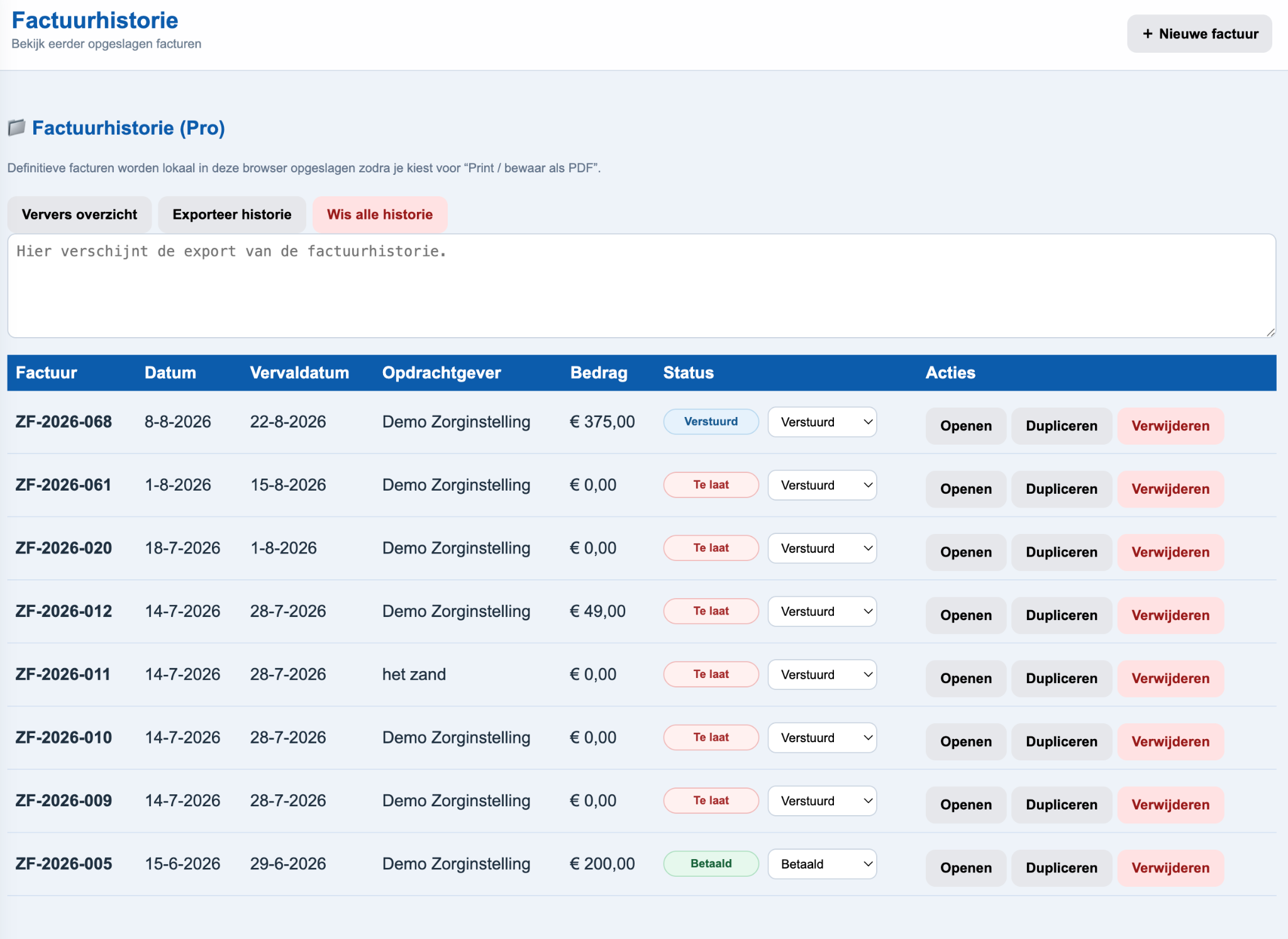 ZorgFactuurPro invoice history