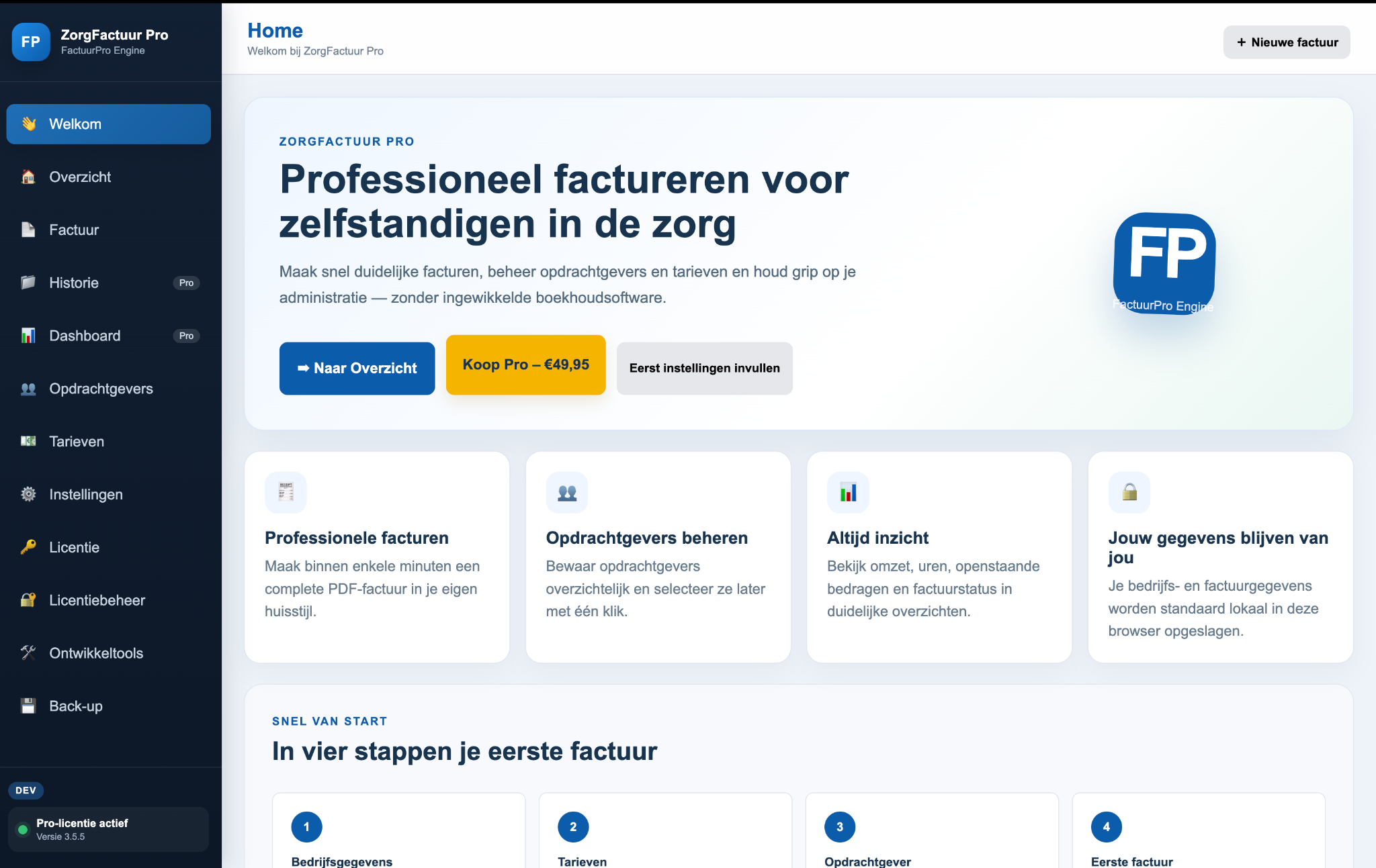 ZorgFactuurPro start screen